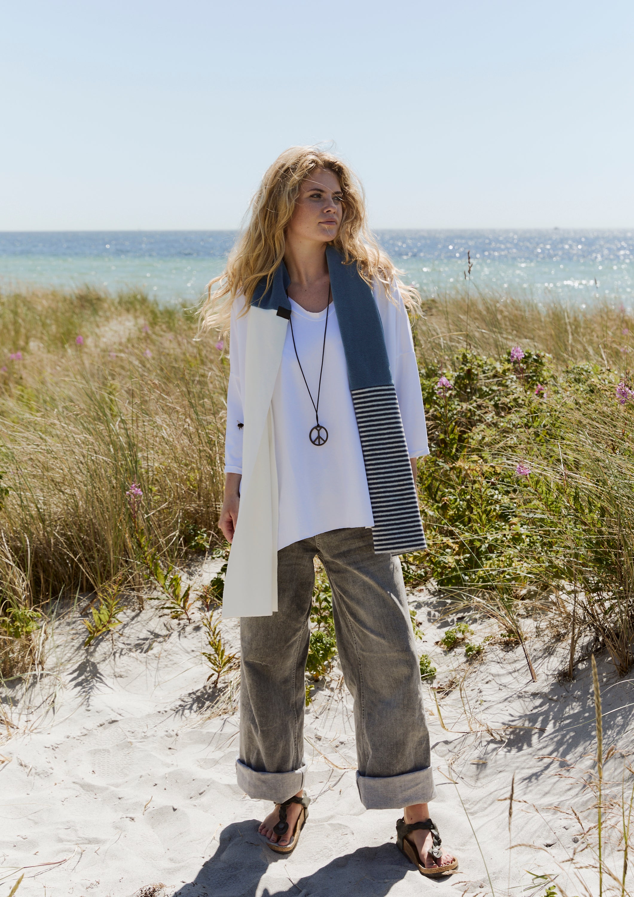 HENRIETTE STEFFENSEN COPENHAGEN NO WASTE TØRKLÆDE - 4063NW SCARFS DUSTY BLUE/OW/BLUE STRIPE 473