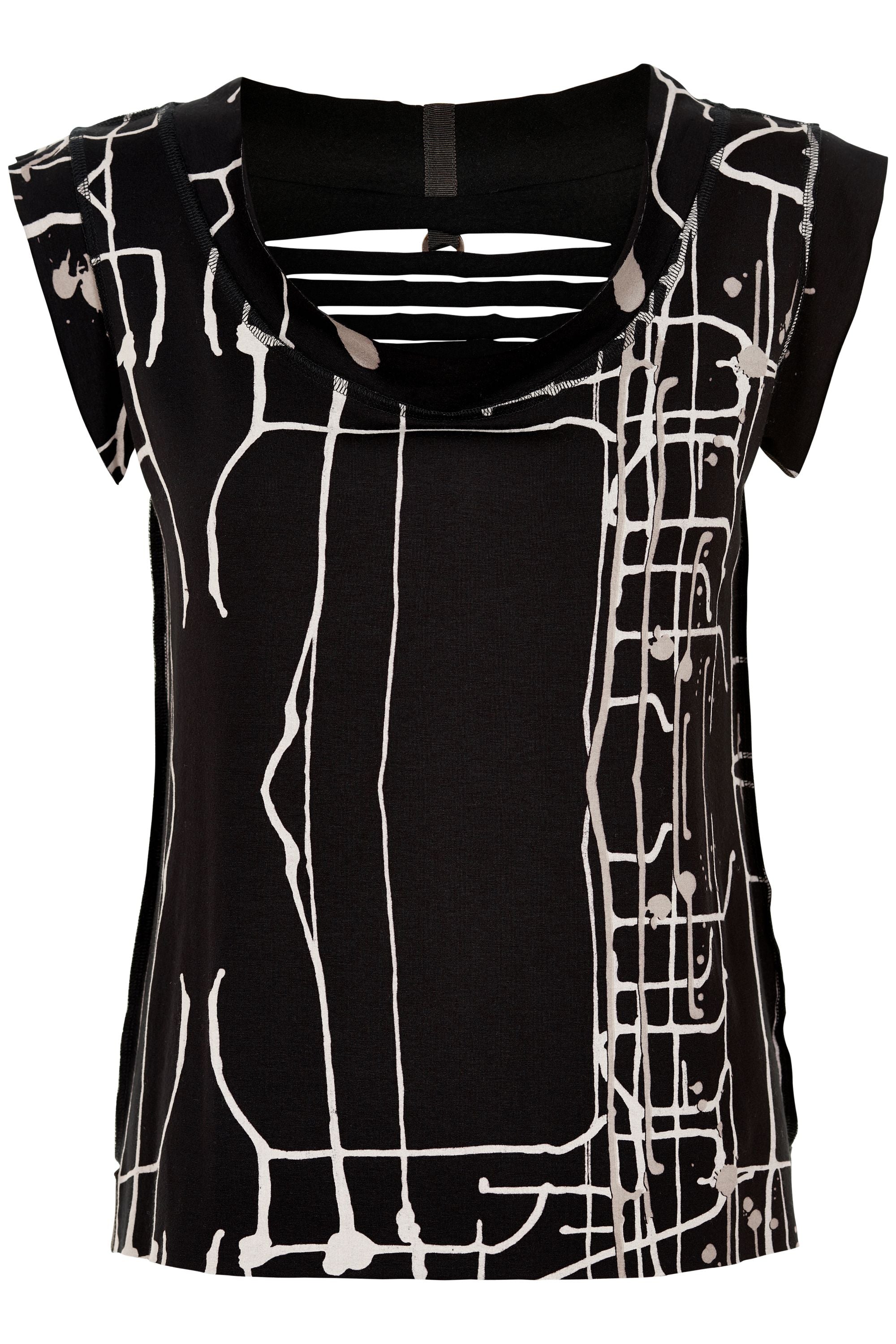 HENRIETTE STEFFENSEN COPENHAGEN TOP MED ÅBEN RYG - 96033 BLUSER ART PRINT BLACK 100